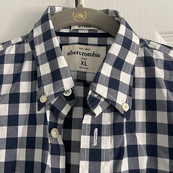 Abercrombie Kids Preppy Navy Blue & White Check Muscle Button Down Shirt. Sz  XL - Picture 3 of 6